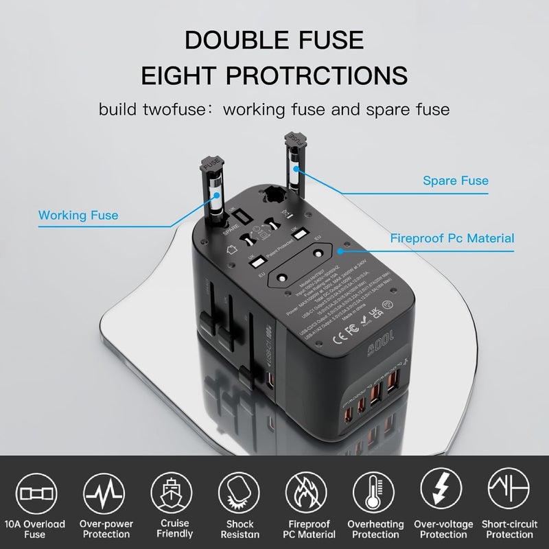HAPOW Universal Travel Adapter, PD100W International Power Adapter,3 USB-C & 2 USB-A Fast Charging Travel Charger, All in One Worldwide Travel Plug Adapter, Outlet Adapter for EU UK USA AU, Black - Image 4